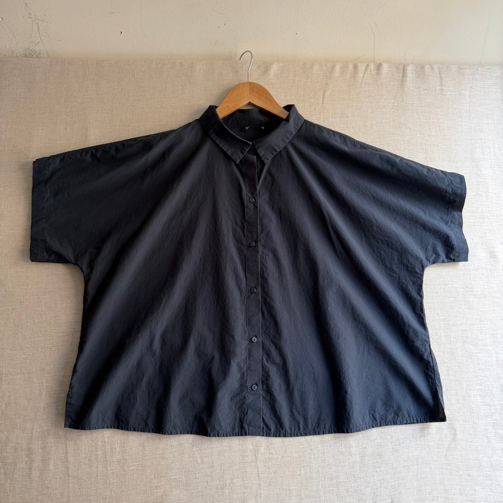 Eileen Fisher Boxy Button Down Shirt Navy Organic Cotton Oversized